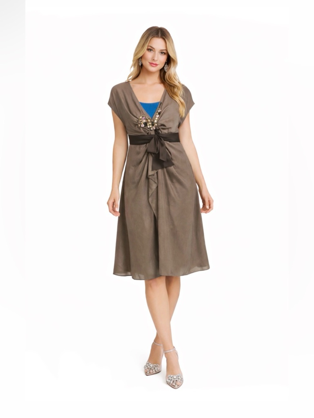 BNX Layered Dress Blue Slip Embellished Tie Waist & satin belt retail NWT $172